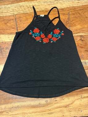 Darling Blue Black Strappy V-Neck Tank Top with Floral Rose Embroidery